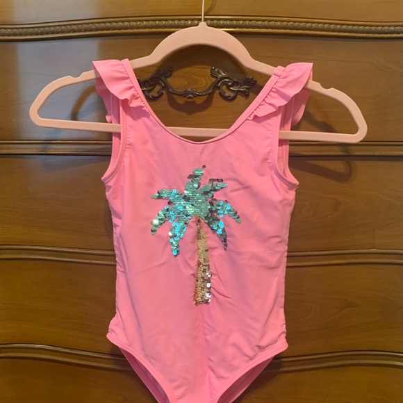 OSH KOSH Girls Size 7 Pink Flip Sequin Palm Tree One Piece swimsuit - Picture 3 of 6